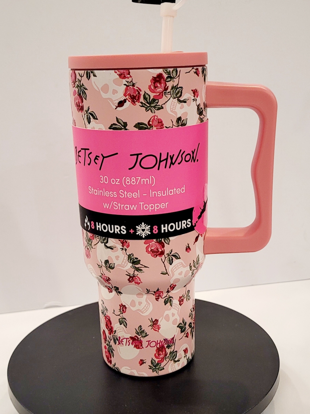 Betsey Johnson Pink Floral Skull Insulated Travel Tumbler with Handle - Picture 2 of 4